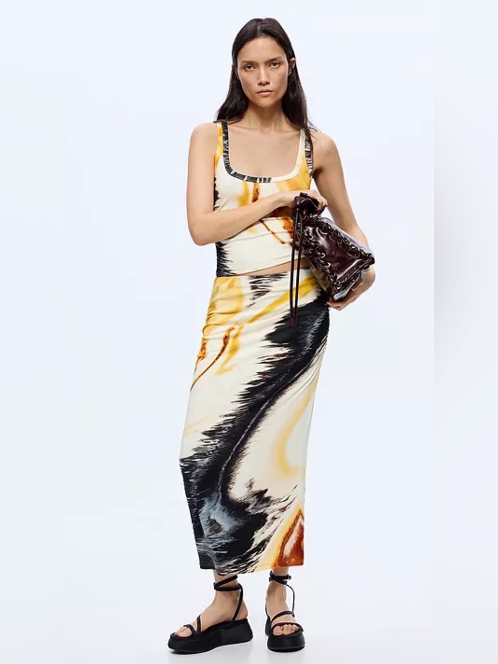 Desigual Tie-Dye Print Scoop Neck Maxi skirt in Cream and Black